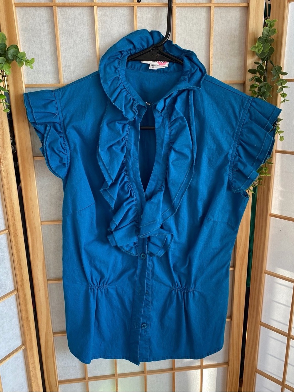 Body Central Teal Blue Ruffled Cap-Sleeve Blouse